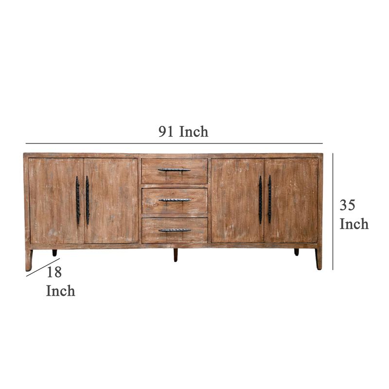 Tuley Sideboard Buffet Cabinet, 3 Drawers, 2 Cabinets, Brown, 91 Inch
