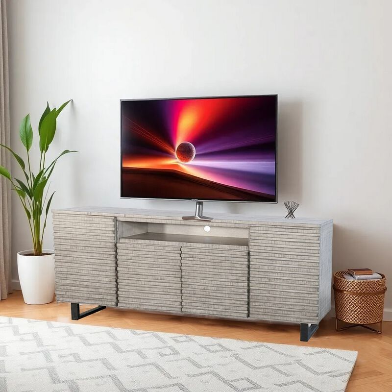 Zeka TV Media Entertainment Console, Fluted Doors, Light Gray 72 Inch
