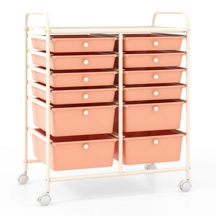 Hivvago 12-Drawer Rolling Storage Cart with Removable Drawers and Lockable Wheels-Rose Red