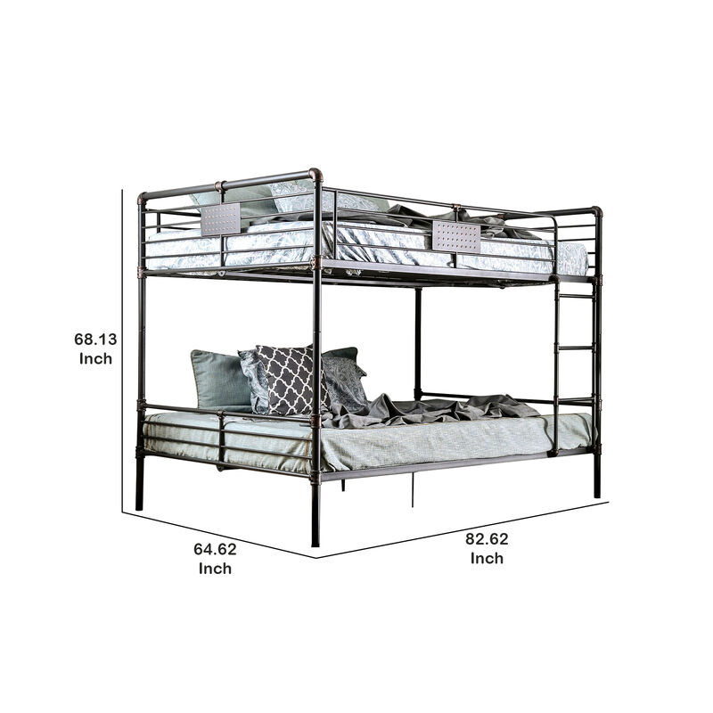 2 Tier Industrial Style Queen Size Bunk Bed with Attached Ladder, Black - Benzara
