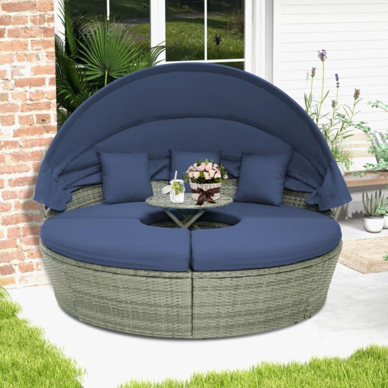 Hivvago Outdoor PE Wicker Round Daybed with Retractable Canopy and Cushions