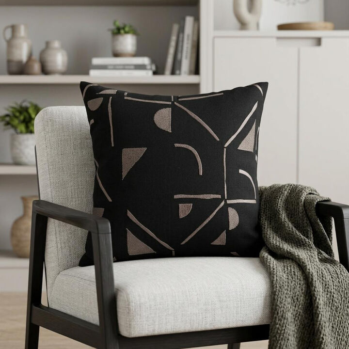 HomeRoots 24" Beige and Black Geometric Cotton Blend Throw Pillow With Embroidery