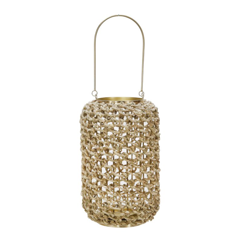 Cylindrical Rattan Lantern with Metal Frame and Handle,Large,Brown and Gold - Benzara image number 0