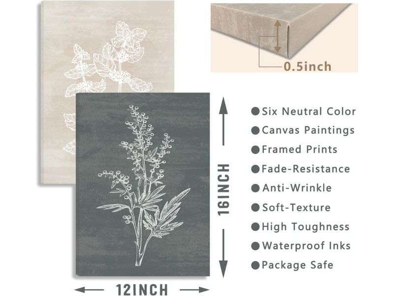Neutral Botanical Canvas Wall Art 6 Piece Farmhouse Rustic Decor for Living Room image number 2