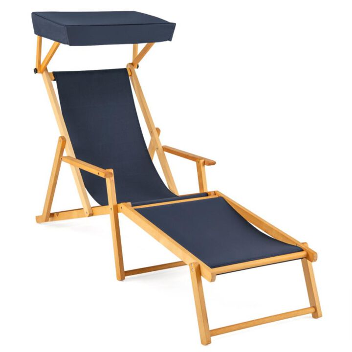 Hivvago Birch Wood Chaise Lounge Chair Foldable Beach Chair with Adjustable Canopy