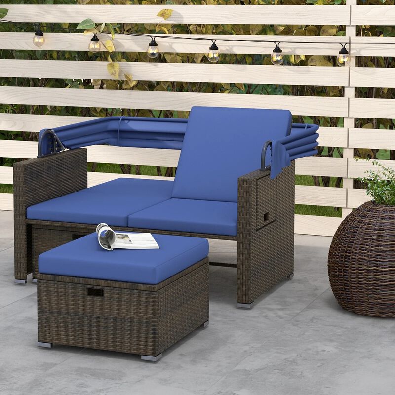 Mondawe Outdoor Patio Rattan Daybed with Retractable Canopy and Adjustable Backrests
