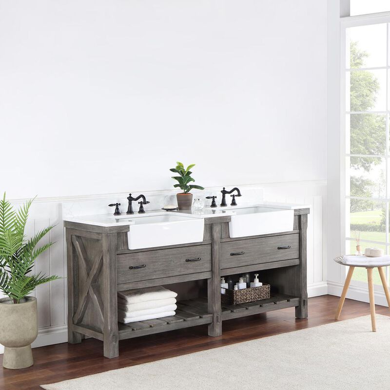 Vinnova Design Double Bath Vanity with Composite Stone Top, White Farmhouse Basin