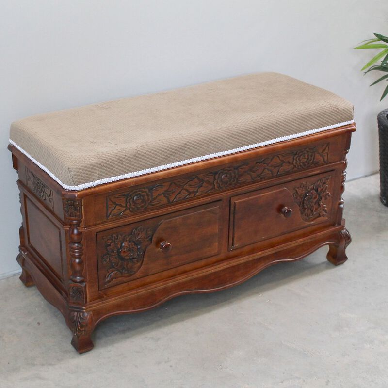 Carved Wood 2 Drawer Storage Bench