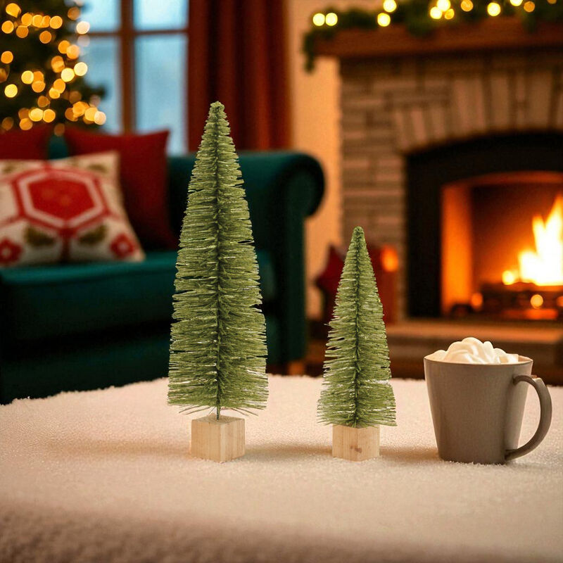 Glittered Bottle Brush Tree Set – 2-Piece Miniature Christmas Trees for Winter Tabletop, Holiday Shelf Decor, and Mantel Accents