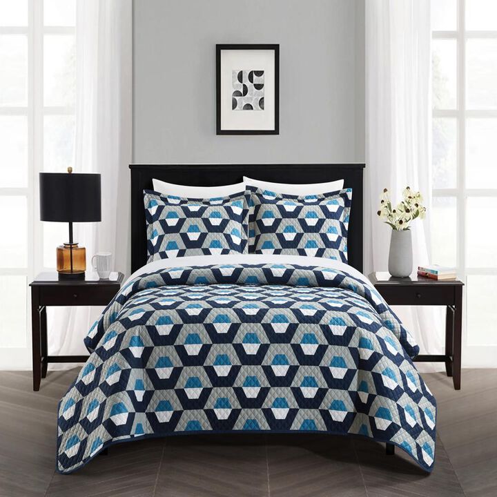 Chic Home Arthur Quilt Set Contemporary Geometric Hexagon Pattern Print Design Bed In A Bag Bedding Blue