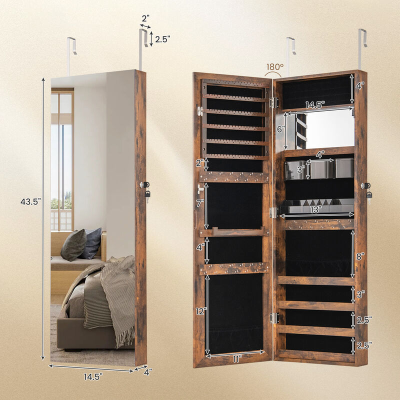 Jewelry Mirror Cabinet with Adjustable Hangers and Storage for Accessories