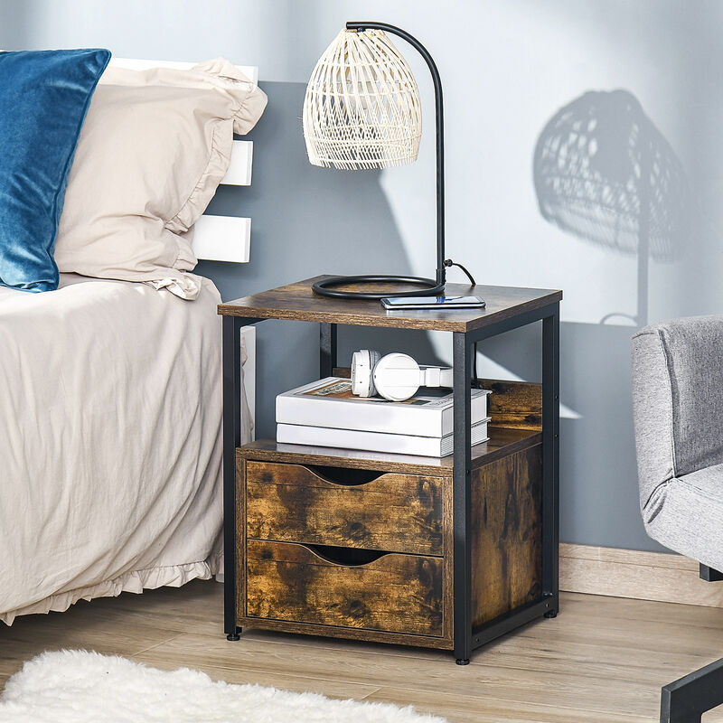 HOMCOM Industrial Side Table, End Table with Storage Shelf and 2 Drawers, Accent Bedside Table with Metal Frame for Living Room, Brown