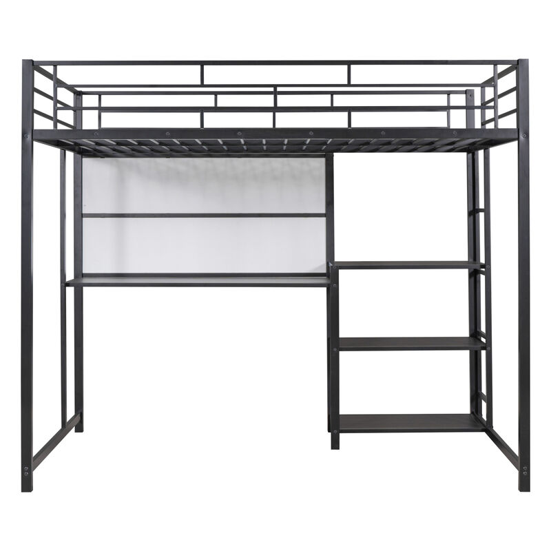 Full Size Loft Bed with Desk and Whiteboard, Metal Loft Bed with 3 Shelves and Ladder, Black