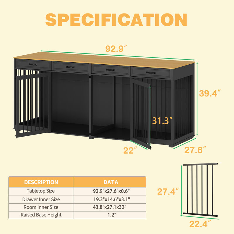 Large Dog Crate Console with Storage Drawer, 92.9" W x 27.6" D x 39.4" H