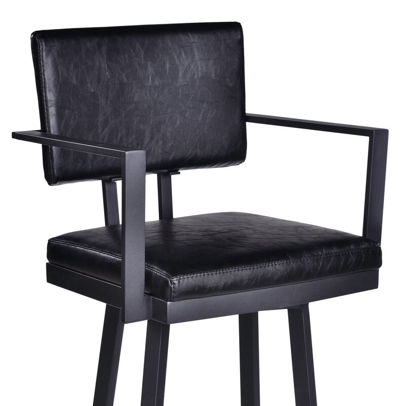 Lumbar Back Faux Leather Barstool with Stainless Steel Legs and Arms, Black - Benzara