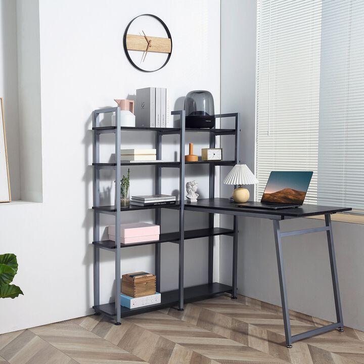 5 Tier Versatile L-Shaped Computer Desk Writing Table with Display Shelves and Metal Frame, Space-Saving, for Study Room Black/Grey