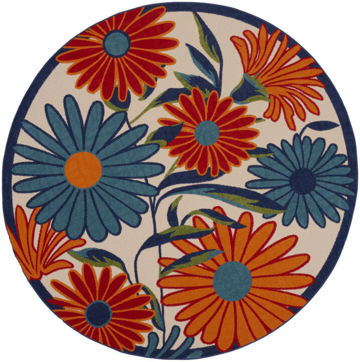 HomeRoots 4' Ivory Blue And Orange Round Floral Indoor Outdoor Area Rug