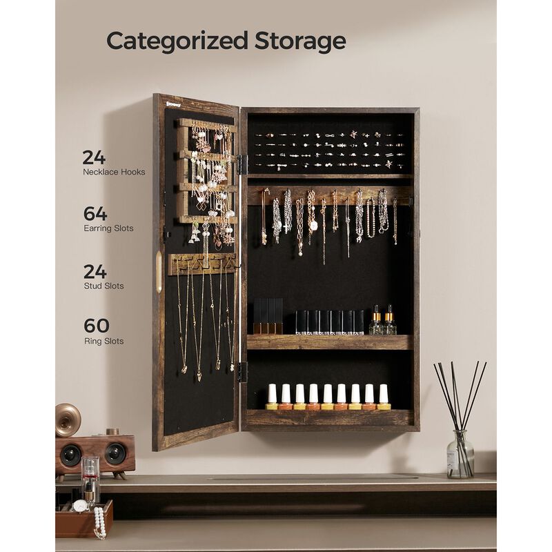 Space-Saving Wall-Mounted Jewelry Cabinet with Mirror and Lock - Rustic Brown Finish image number 3