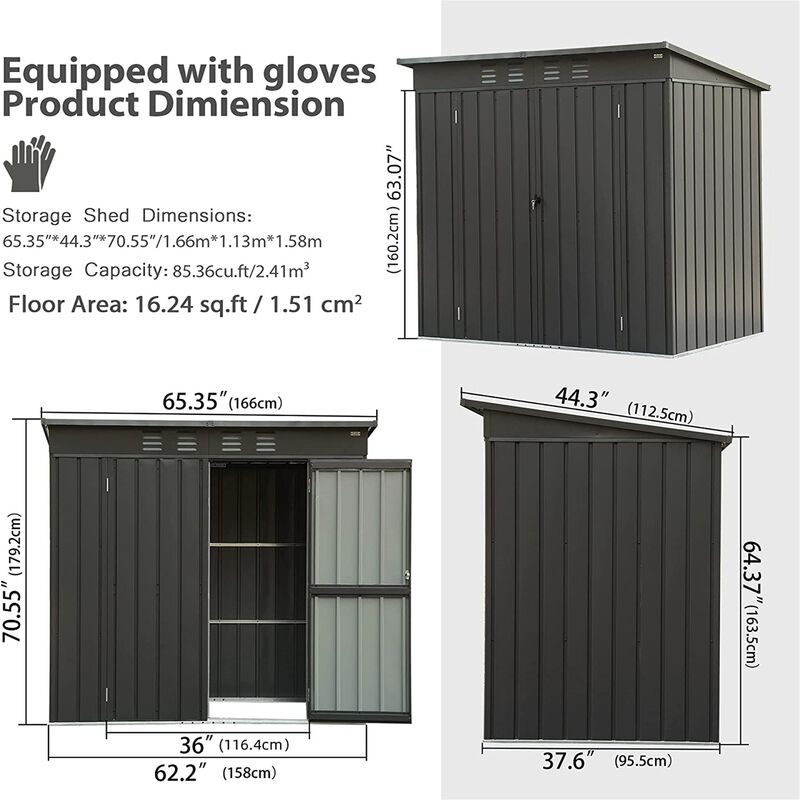 CLIHOME 5x3Ft Outdoor Storage Shed,with Sloping Roof Galvanized Steel Frame Backyard Tool Storage Room image number 4