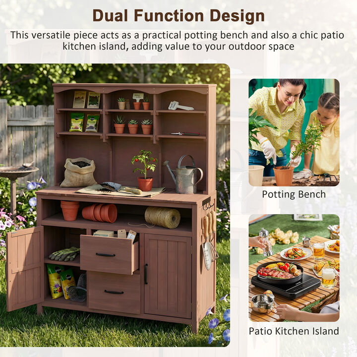 Whisen 45" Solid Fir Wood Potting Table with Hutch, 2 Drawers & Hooks, Rustic Outdoor BBQ Prep Station