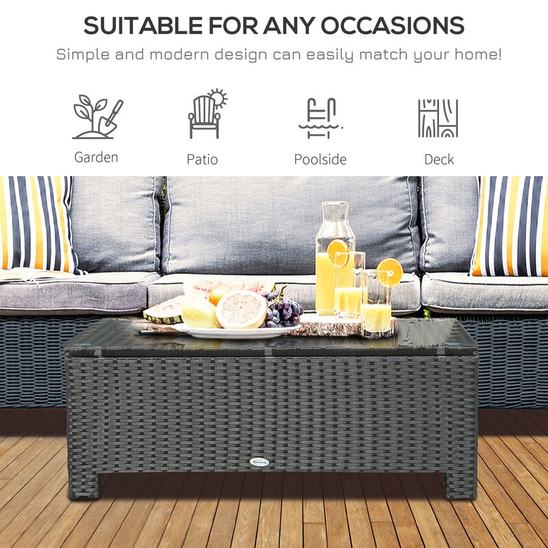 Ousunny Patio Furniture, Wicker Coffee Table, Hand-Woven PE Rattan Side Table with a Tempered Glass Top, 33.5" x 19.75", Black