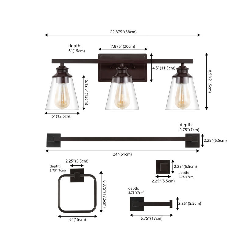 Arlo 22.88" 3-Light Vintage Classic Vanity Light with Bathroom Hardware Accessory 5-Piece Set