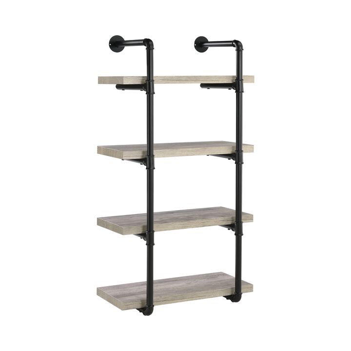 24 Inches 4 Tier Wood and Metal Wall Shelf, Gray and Black-Benzara