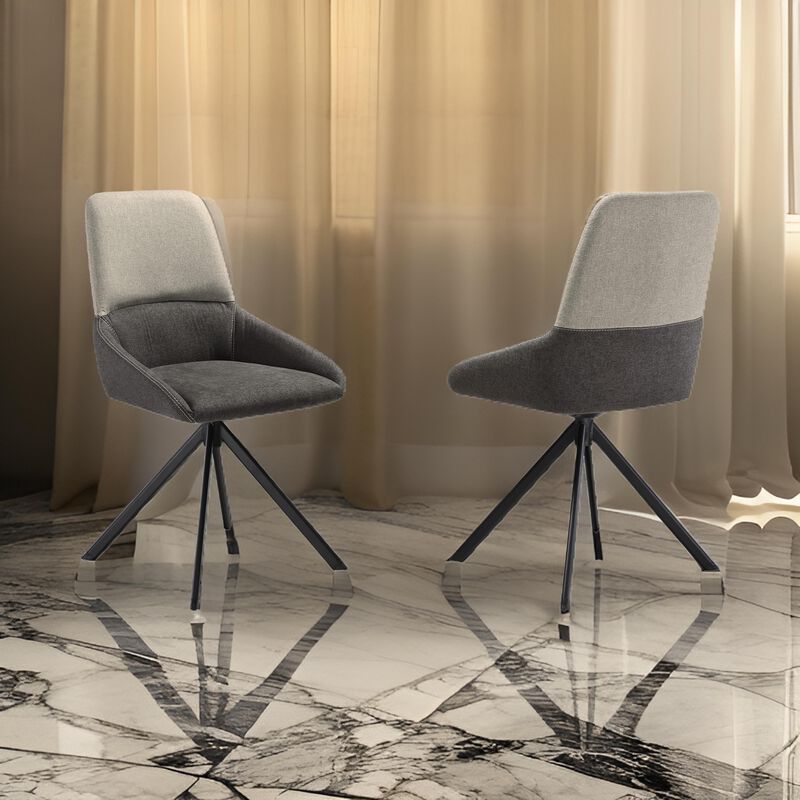 Rick 22 Inch Swivel Dining Chair, 2 Tone Gray Upholstery, Tall Back, Black  - Benzara