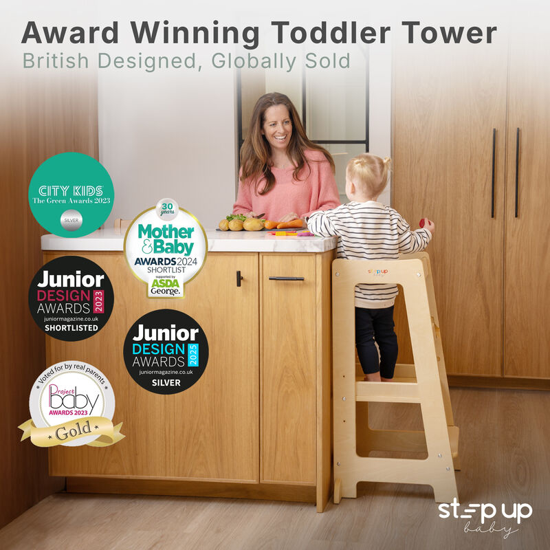 Stepup Baby&reg; Adjustable Toddler Tower - Varnished Wooden Step Stool for Kids | Toddler Standing Tower with Child-safe Chopper & Chopping Board for 18M-4Y image number 5