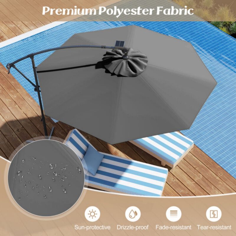 10 Feet 360&deg; Rotation Solar Powered LED Patio Offset Umbrella without Weight Base-Gray image number 2