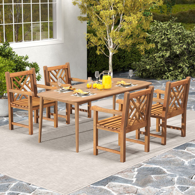 Wood Patio Dining Chair with Slatted Seat Cross-Rhombus Backrest and Solid Legs image number 5