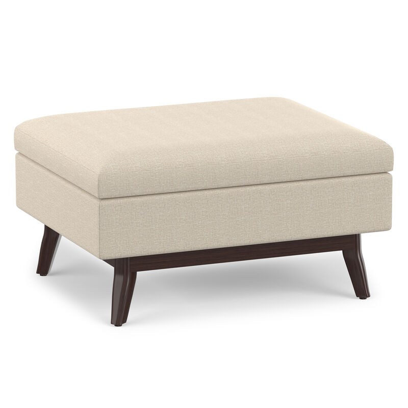 Owen 34 inch Wide Mid Century Modern Rectangle Coffee Table Storage Ottoman in Natural Linen Look Fabric, Assembled image number 0