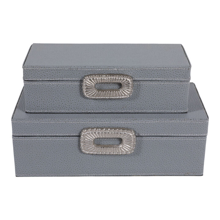 S/2 10/12" Shagreen Boxes W/ Hardware, Blue/silver