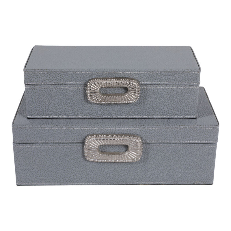 S/2 10/12" Shagreen Boxes W/ Hardware, Blue/silver image number 0