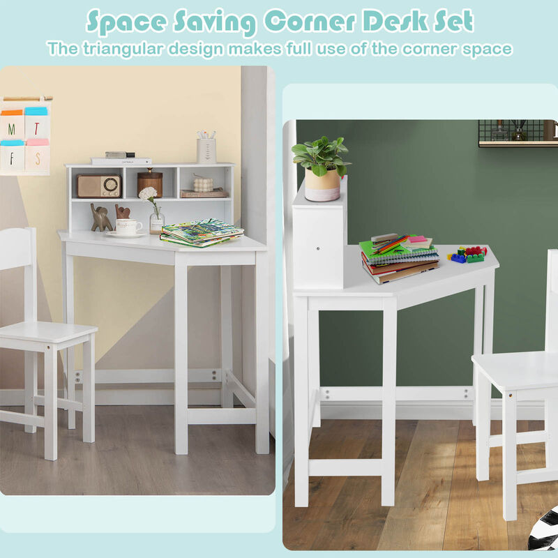 Kids Wooden Corner Desk and Chair Set with Hutch and Storage