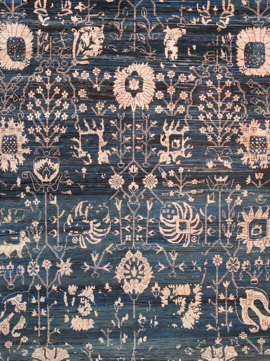 Pasargad Home Transitional Hand-Knotted Blue Bsilk & Wool Area Rug-10' 0" X 14' 0"