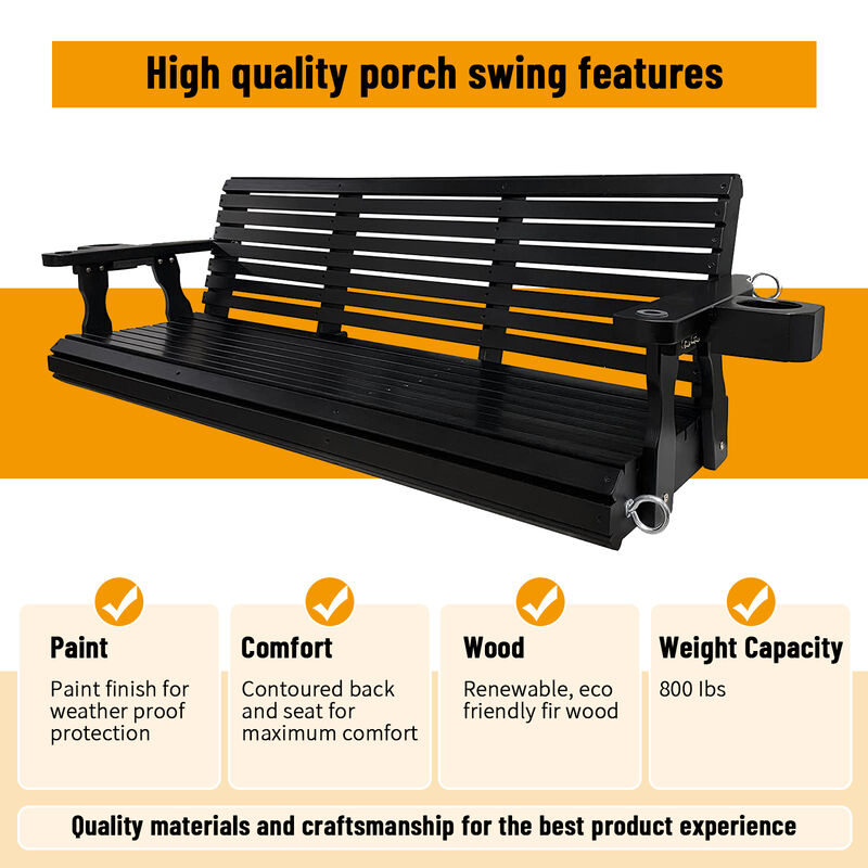Wooden Porch Swing 3-Seater, Bench Swing with Cupholders, Hanging Chains and 7mm Springs, Heavy Duty 800 LBS, for Outdoor Patio Garden Yard (Matte Black - 5 feet)