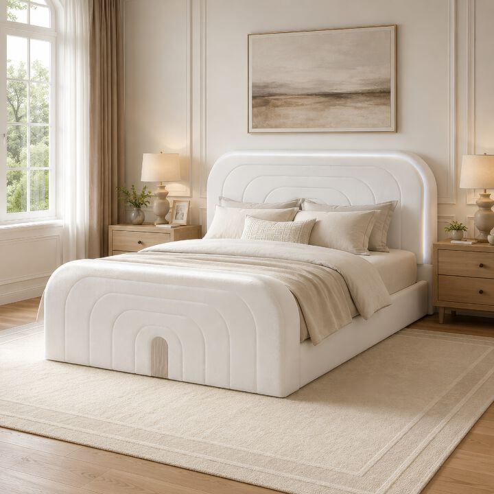 Kery King LED Bed w TV Cabinet, Fireplace, White Teddy Sherpa Upholstery
