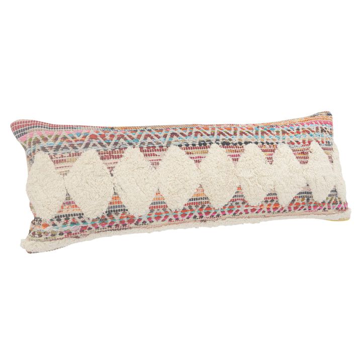 HomeRoots 14" X 36" Natural Blue And Red Lumbar Geometric Cotton Throw Pillow Cover with Tufts