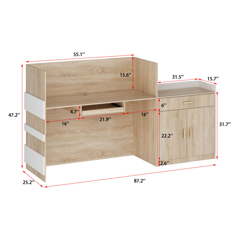 Reception Desk with Drawer & Cabinet, Reception Counter Desk with Keyboard Tray, Front Reception Table Retail Counter for Checkout, for Office Store, Oak and White, 25.2”D x 87.2”W x 47.2”H