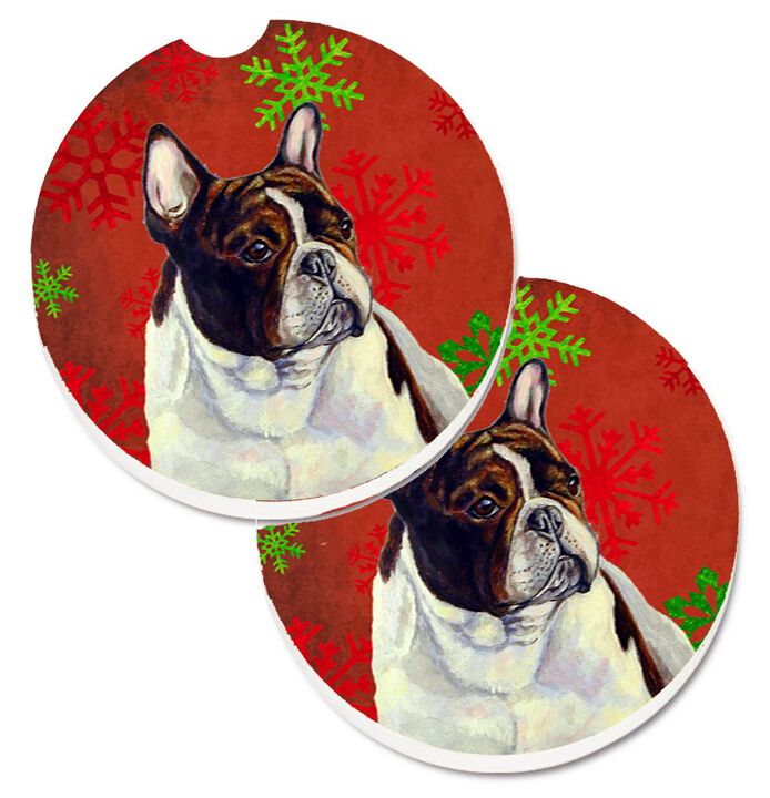 Caroline's Treasures French Bulldog Red & green Snowflakes Holiday Christmas Set of 2 Cup Holder Car Coasters LH9337CARC, 2.56, Multicolor