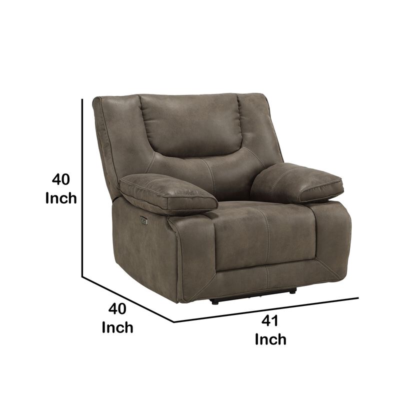Leatherette Power Motion Recliner with Pillow To Armrests, Brown-Benzara