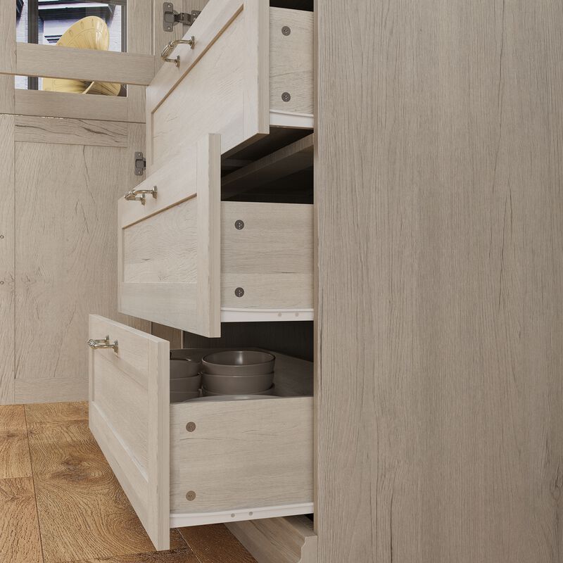 FUFU&GAGA Sleek Grey Wood Grain Storage Cabinet with Glass Doors and Drawers, Shelves, Anti-Tip Safety 47.2 in. L x 15.5 in. W x 79.9 in. H