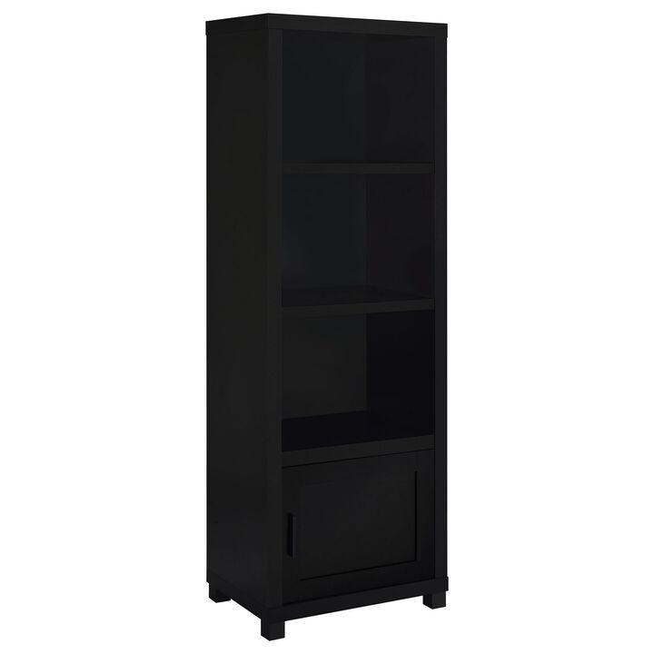Janice Media Tower Bookcase, 3 Shelves, 1 Storage Cabinet,  Black Finish - Benzara