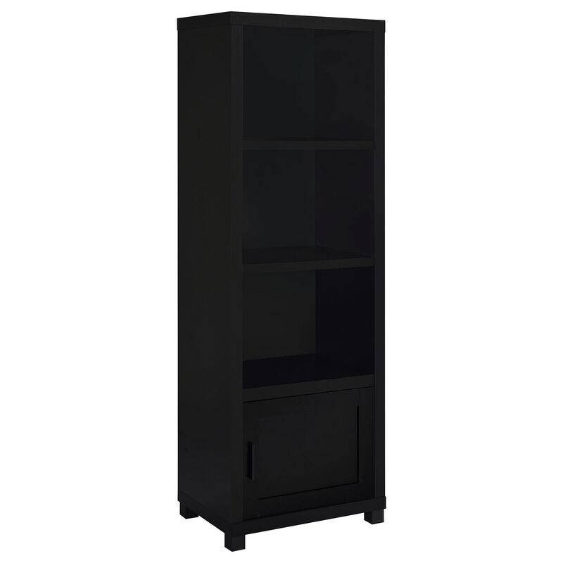 Janice Media Tower Bookcase, 3 Shelves, 1 Storage Cabinet,  Black Finish - Benzara