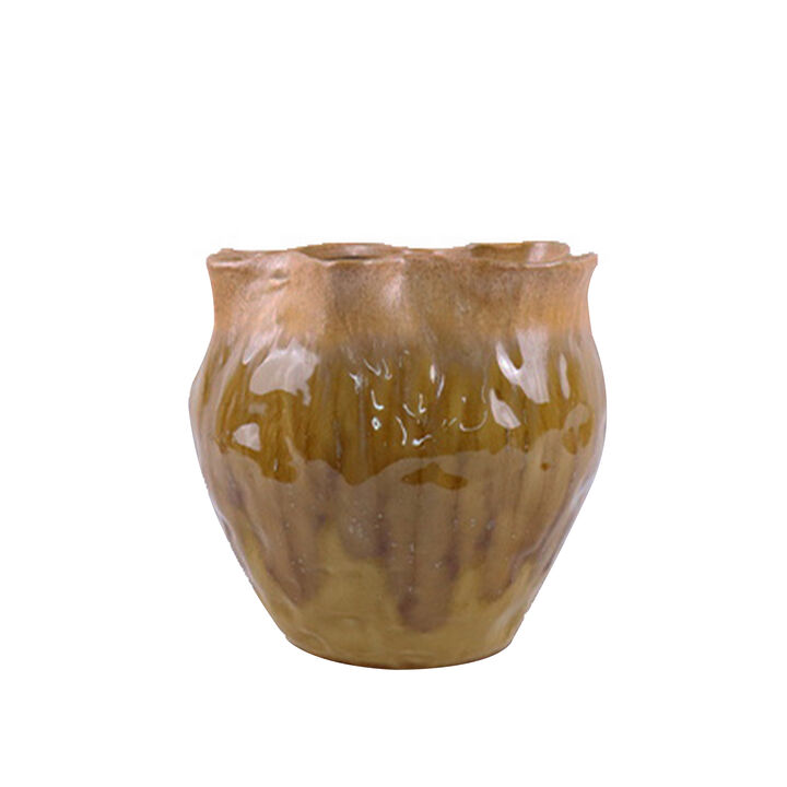Ashly Decorative Planter with Scalloped Rim, Yellow Textured Ceramic 8 Inch
