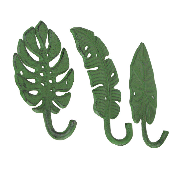 Set of 3 Cast Iron Green Tropical Leaf Decorative Wall Hooks - Functional and Stylish - 6 Inches High - Beach Elegance - Perfect for Towels, Coats, and More