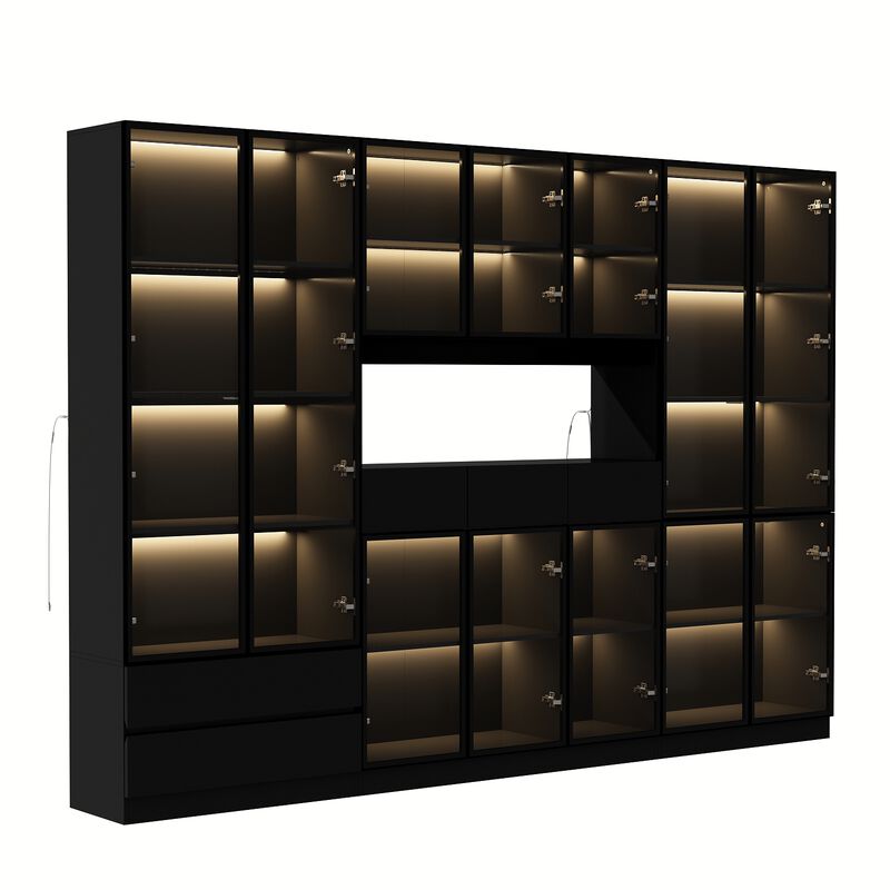 FUFU&GAGA Black Wine Cabinet with LED Lighting, Glass Doors, and Adjustable Shelves – Modern Farmhouse Style Display Storage,(110.2" L x 14.2" W x 78.7" H),Black