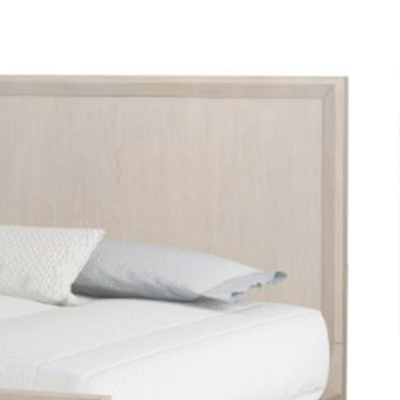 Kaira Queen Size Bed with Metal Accents, Natural Oak Solid Rubberwood - Benzara