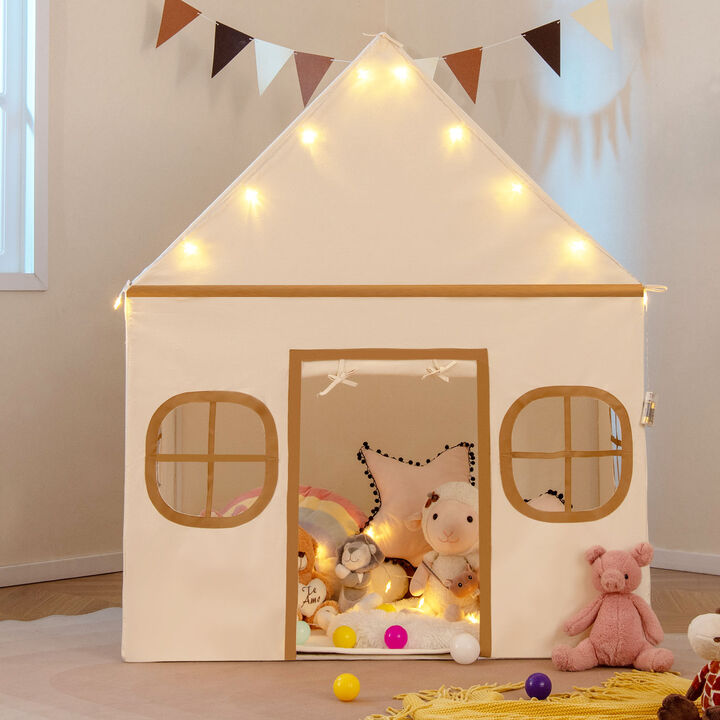 Large Kids Playhouse Tent with Windows, Door Curtain and Star Lights